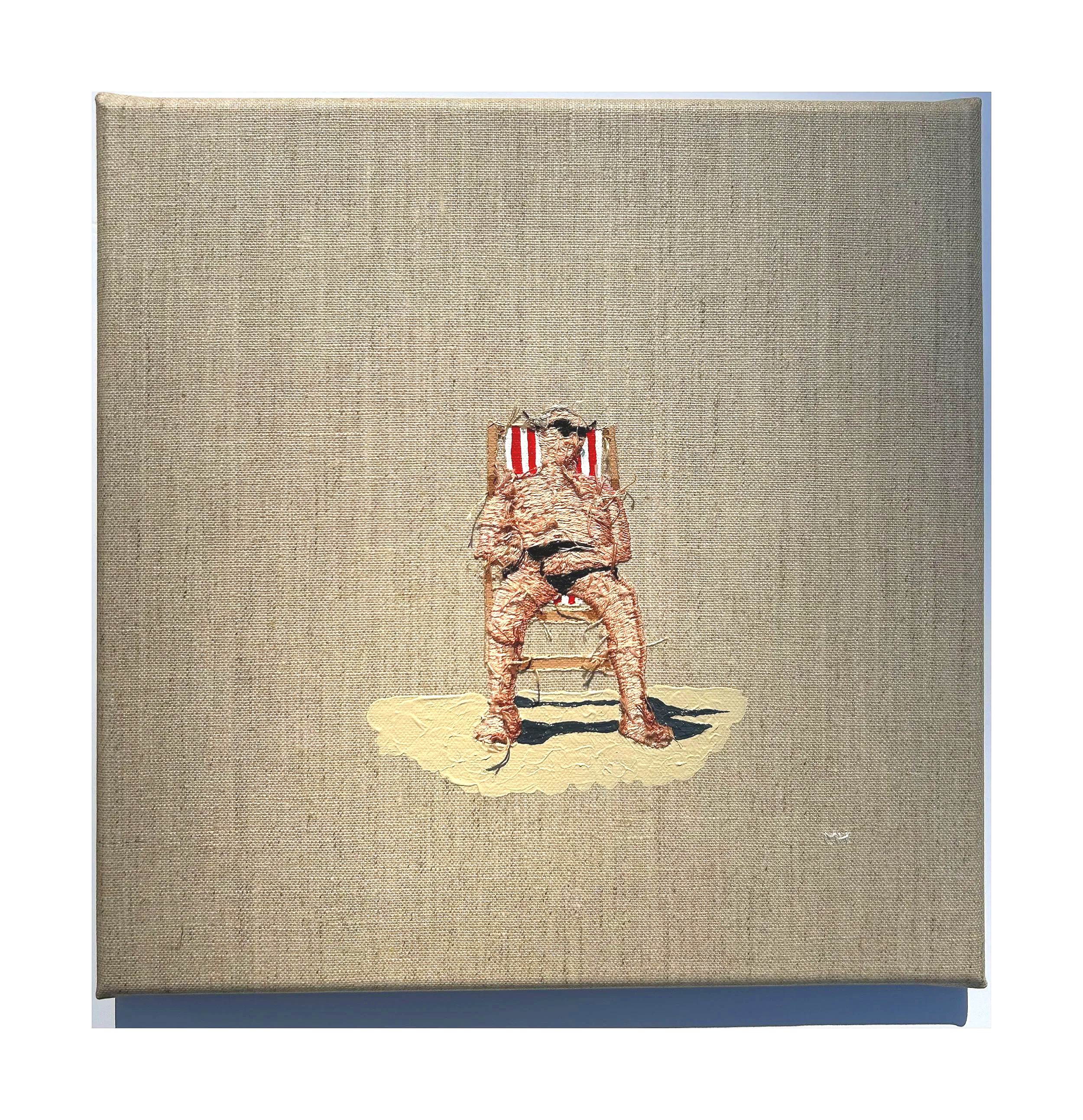 'Sexy beast'.
 From the beach series.
Reverse hand embroidery and paint on raw linen canvas. 30 x 30 cm 520 SOLD