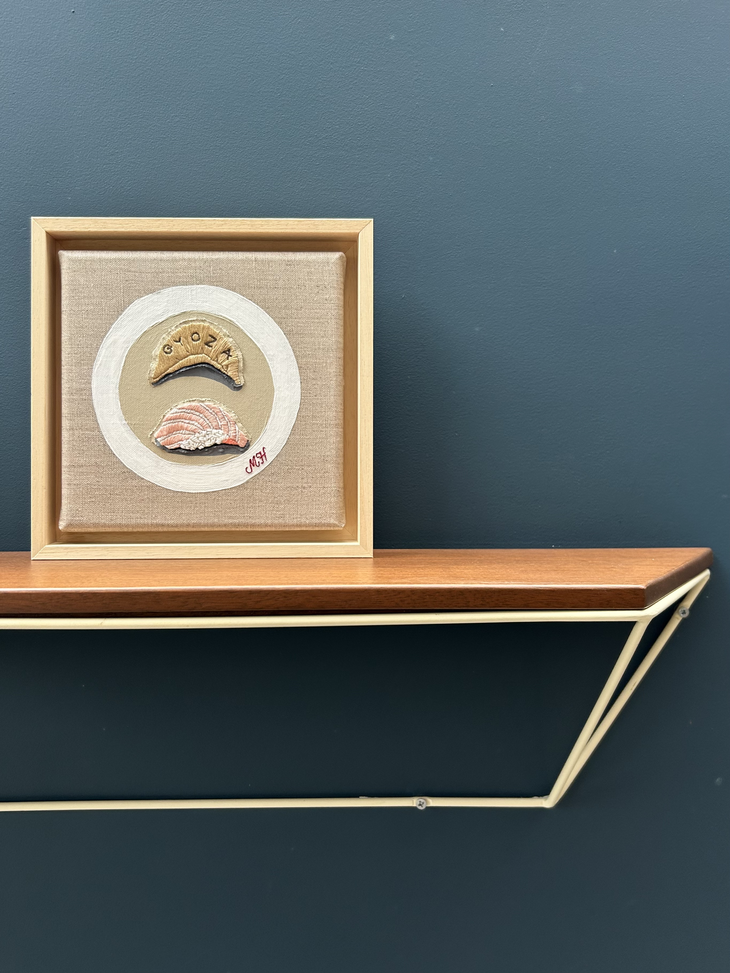 'Sushi & Gyoza' Hand embroidery on painted plate. Hand embroidered initials.
Raw canvas, float framed.