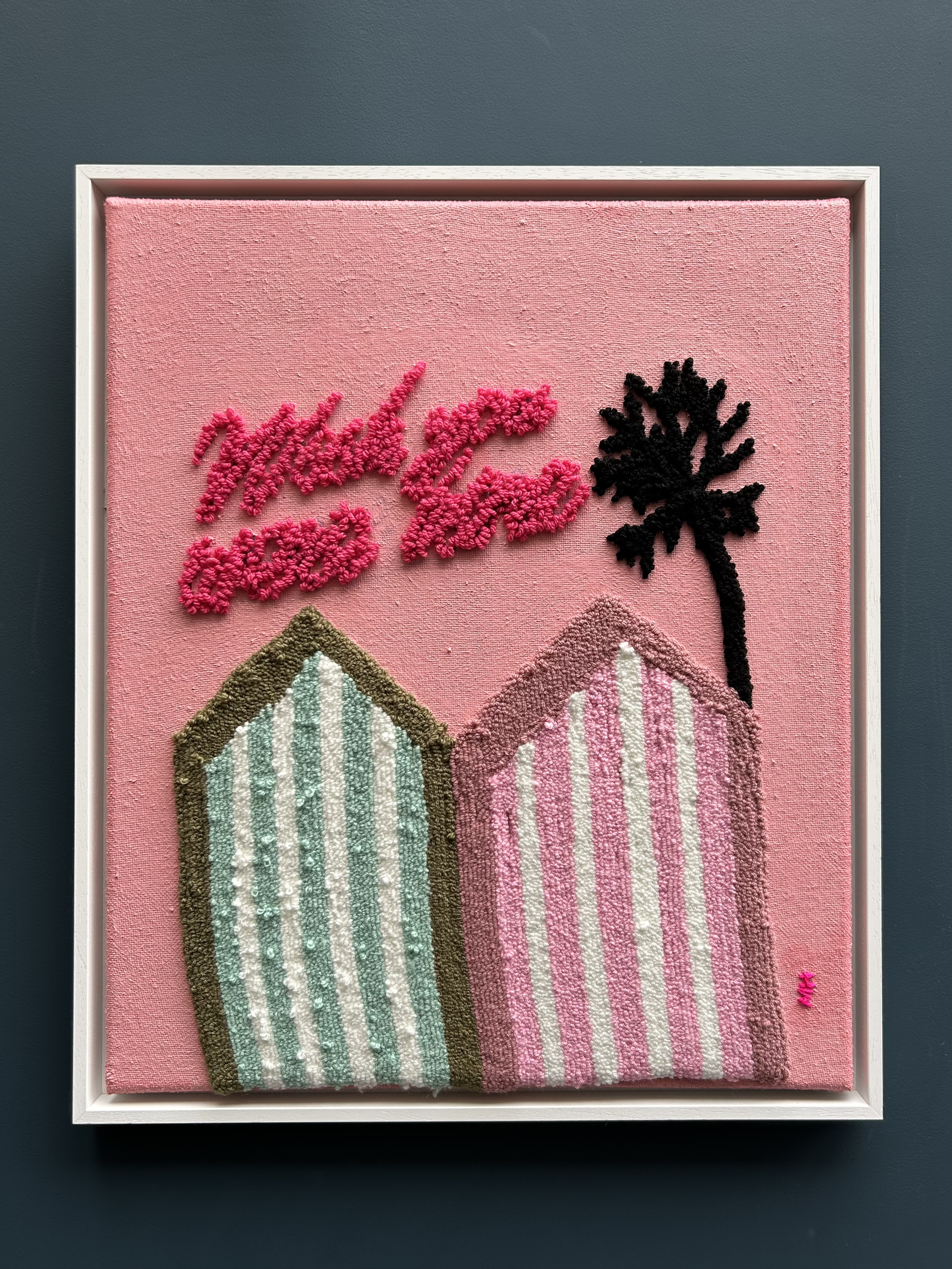 'Wish you were here' hand woven and painted float framed.