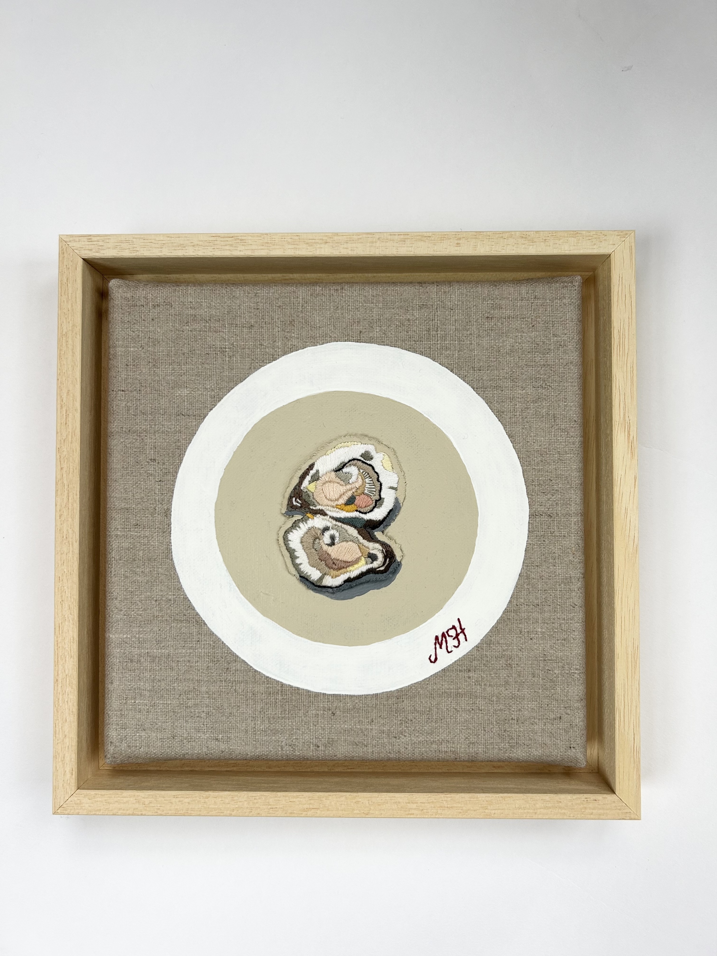 'Small plates - Oysters' Hand embroidery on painted plate. Hand embroidered initials.
Raw canvas, float framed.