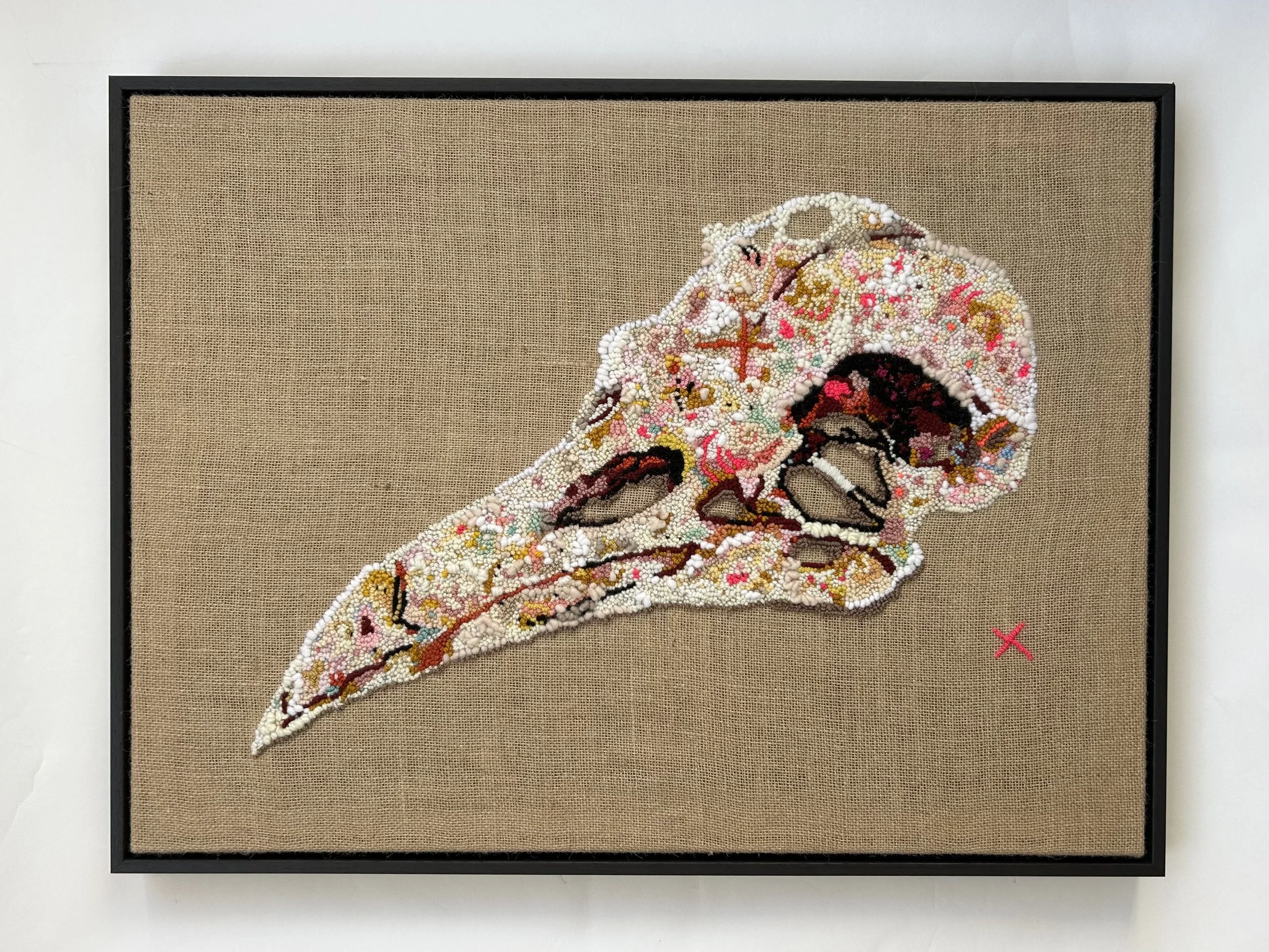 'Birdsong'
Birds only sing when there is no threat around, when we hear birdsong subconsciously our nervous system relaxes.

Hand embroidered yarn on Hessian in a painted dark grey wooden float frame.

76.5 x 58cm