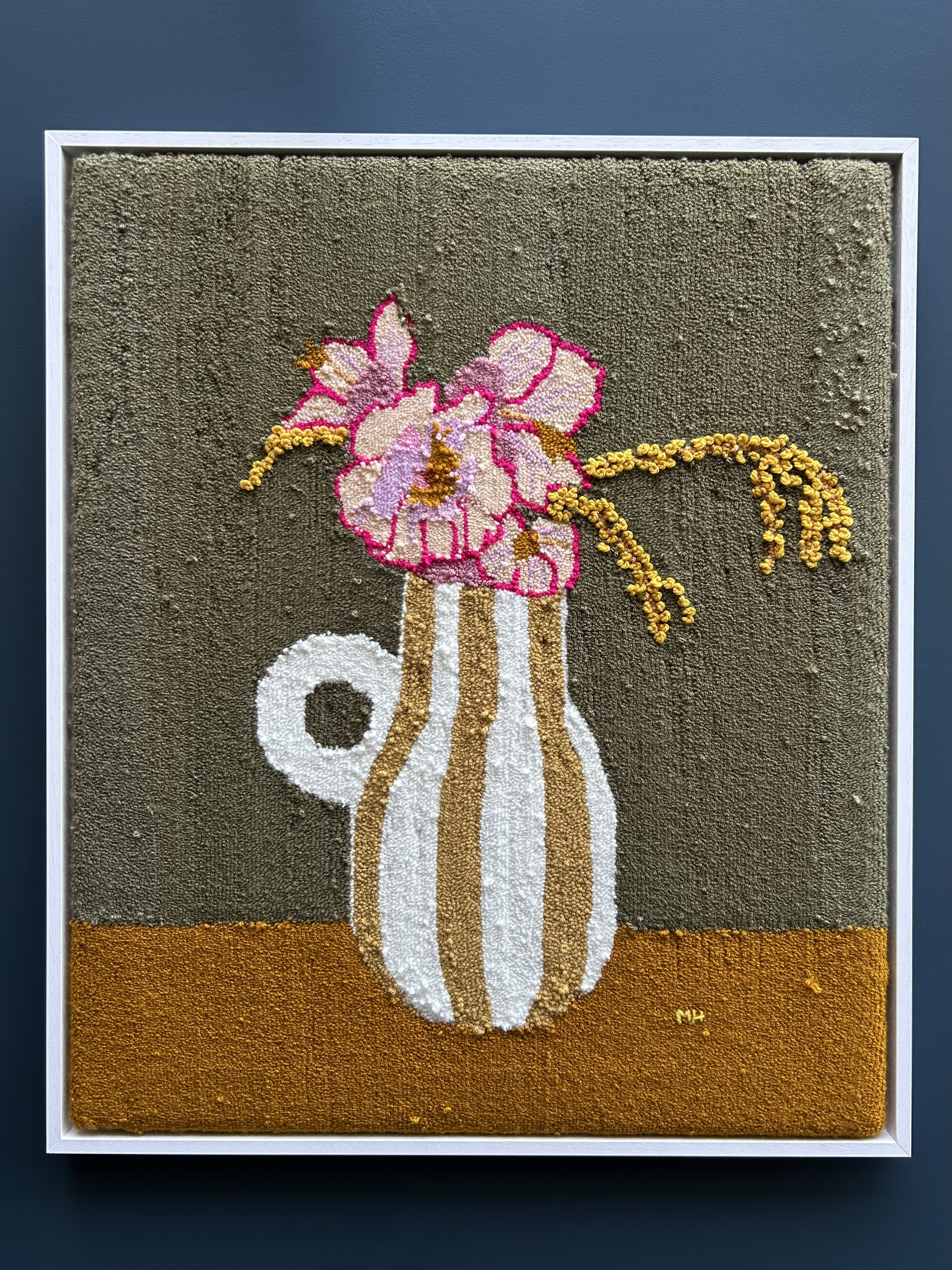'Mimosa'
Hand woven with embroidered yarn French knots, float framed.