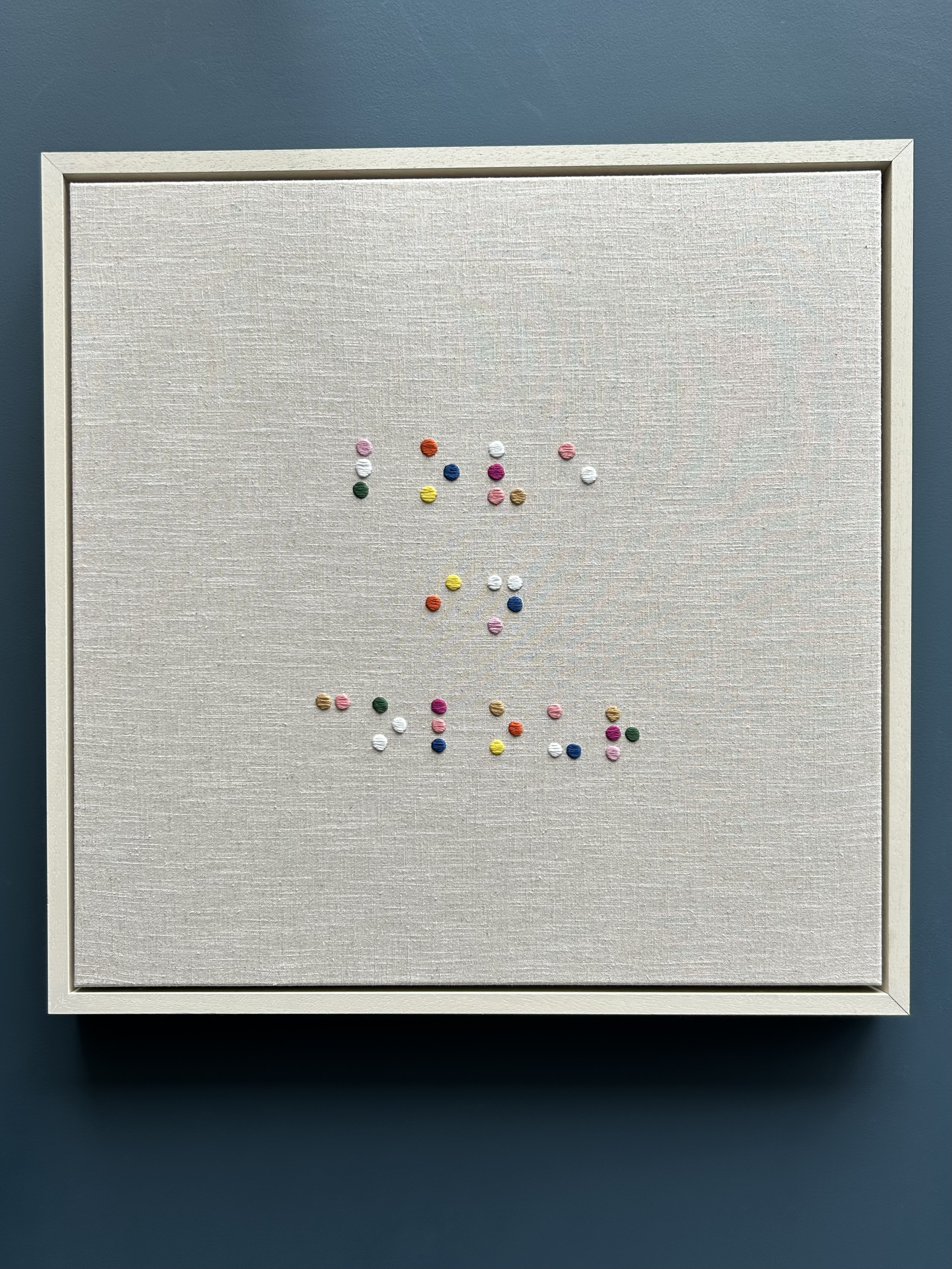 'Love in Colour' 
2025 
65 x 65cm
Braille translation
Hand embroidered silk thread on organic Linen. 
Tray framed 