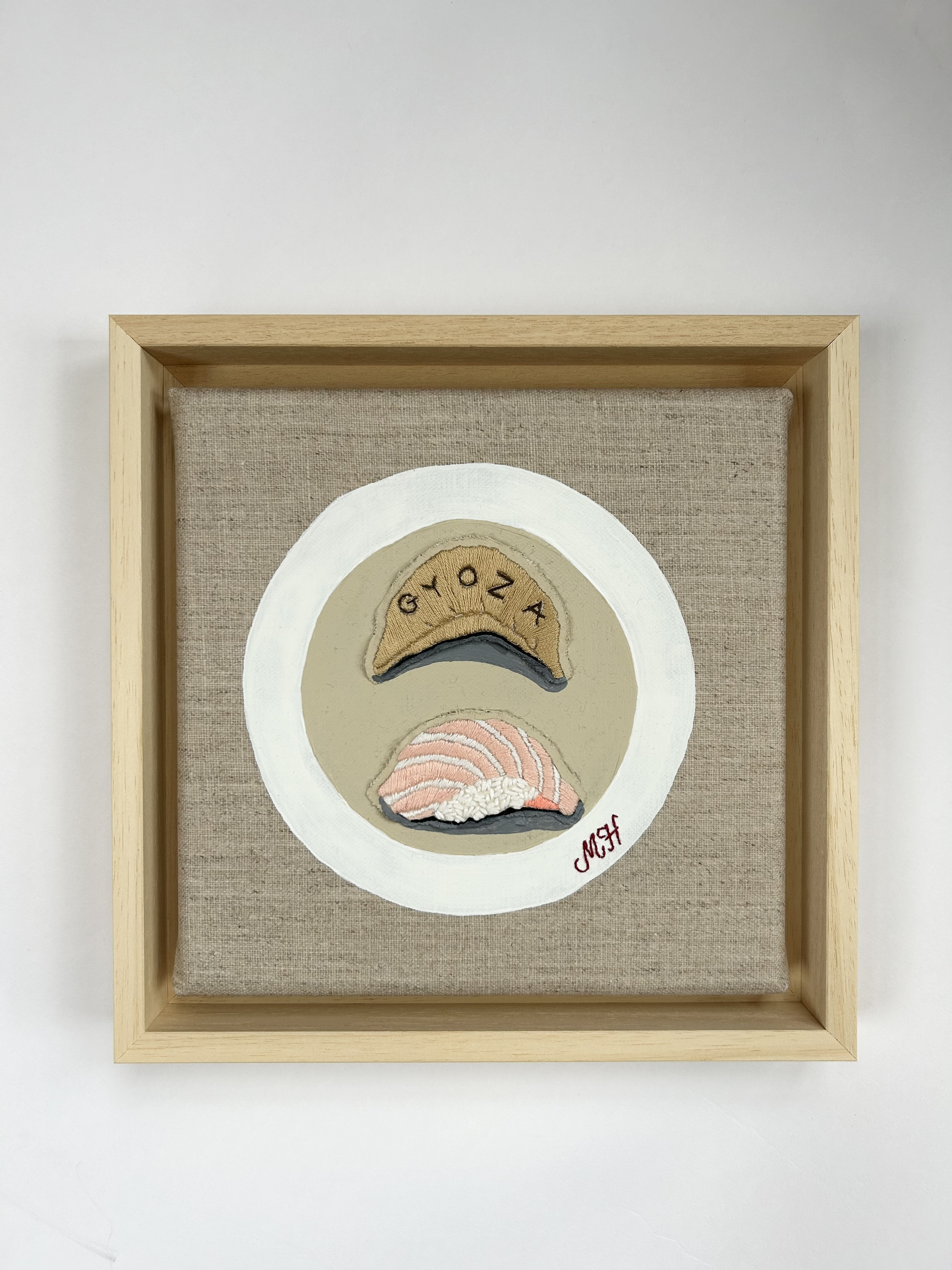 'Small plates - sushi & Gyoza' Hand embroidery on painted plate. Hand embroidered initials.
Raw canvas, float framed.