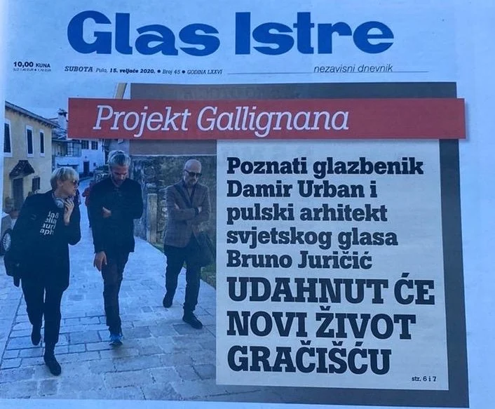 Front page of a newspaper called Glast Istre with a headline about the Gallignana project and an image of three people walking outdoors in a European town.