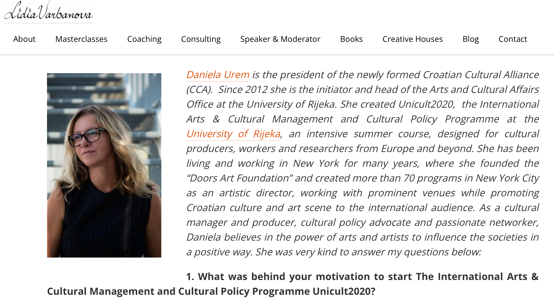 Screenshot of a webpage profile of Daniela Urem, including her photo, biography, and interview questions, with a navigation menu at the top.