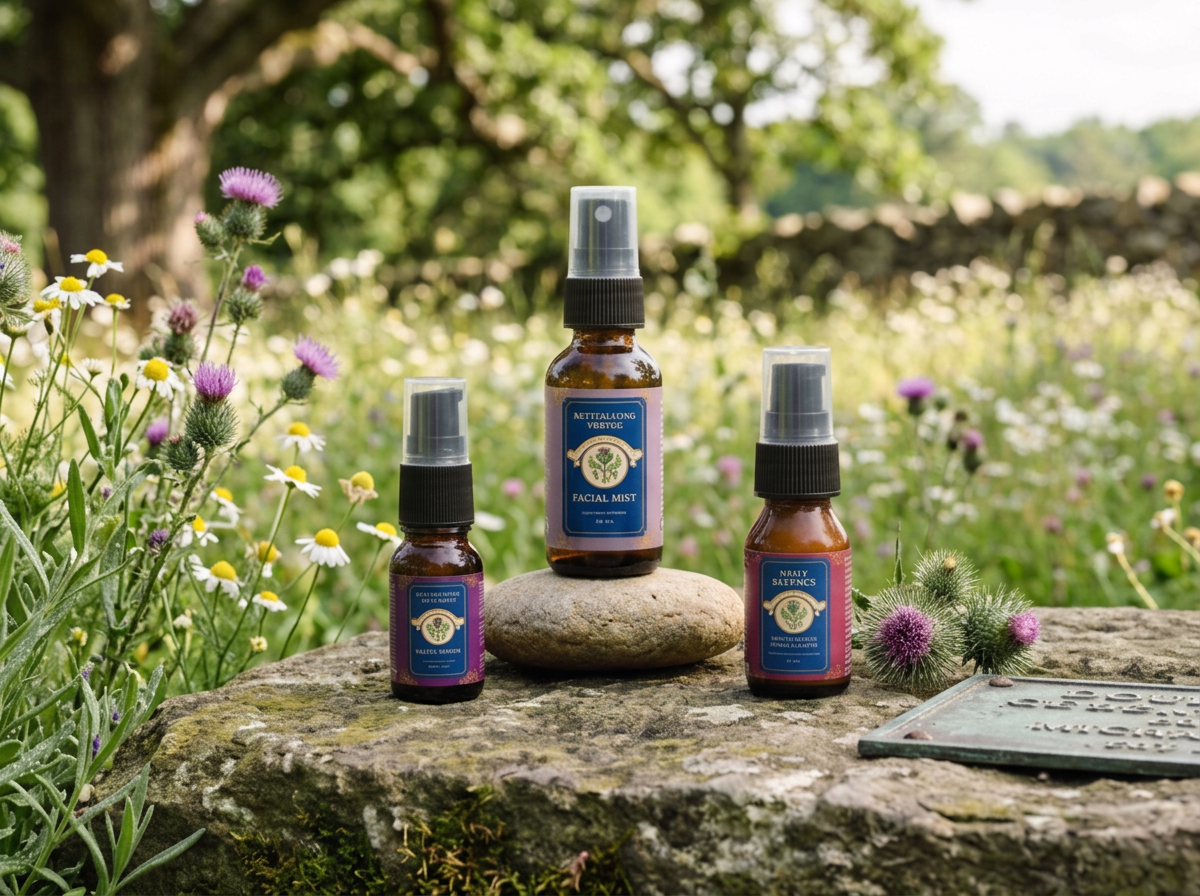 Three bottles of herbal facial mist with spray nozzles are placed on a large flat stone in a meadow with colorful wildflowers and green trees in the background. The bottles have purple labels with some text and a logo.