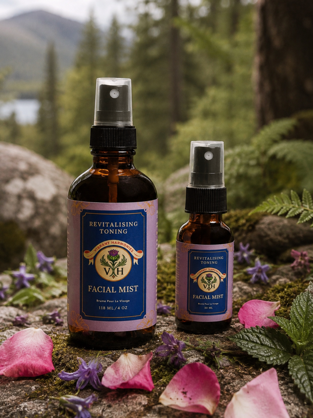 Two bottles of facial mist on a mossy rock surrounded by pink and purple flower petals and green fern leaves, with a blurred forest and mountain background.