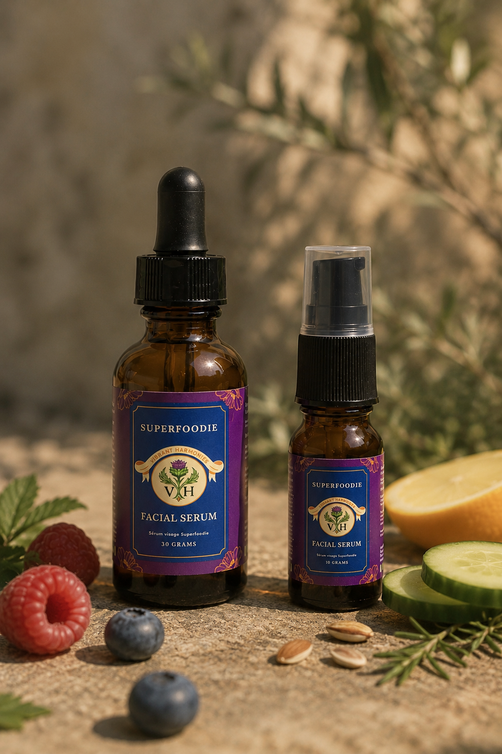 Two amber glass bottles of facial serum with purple labels are placed on a textured surface. The larger bottle has a dropper cap, and the smaller one has a spray pump. Fresh fruits, including raspberries, blueberries, a lemon slice, and cucumber slices, surround the bottles, along with some rosemary sprigs and pumpkin seeds.