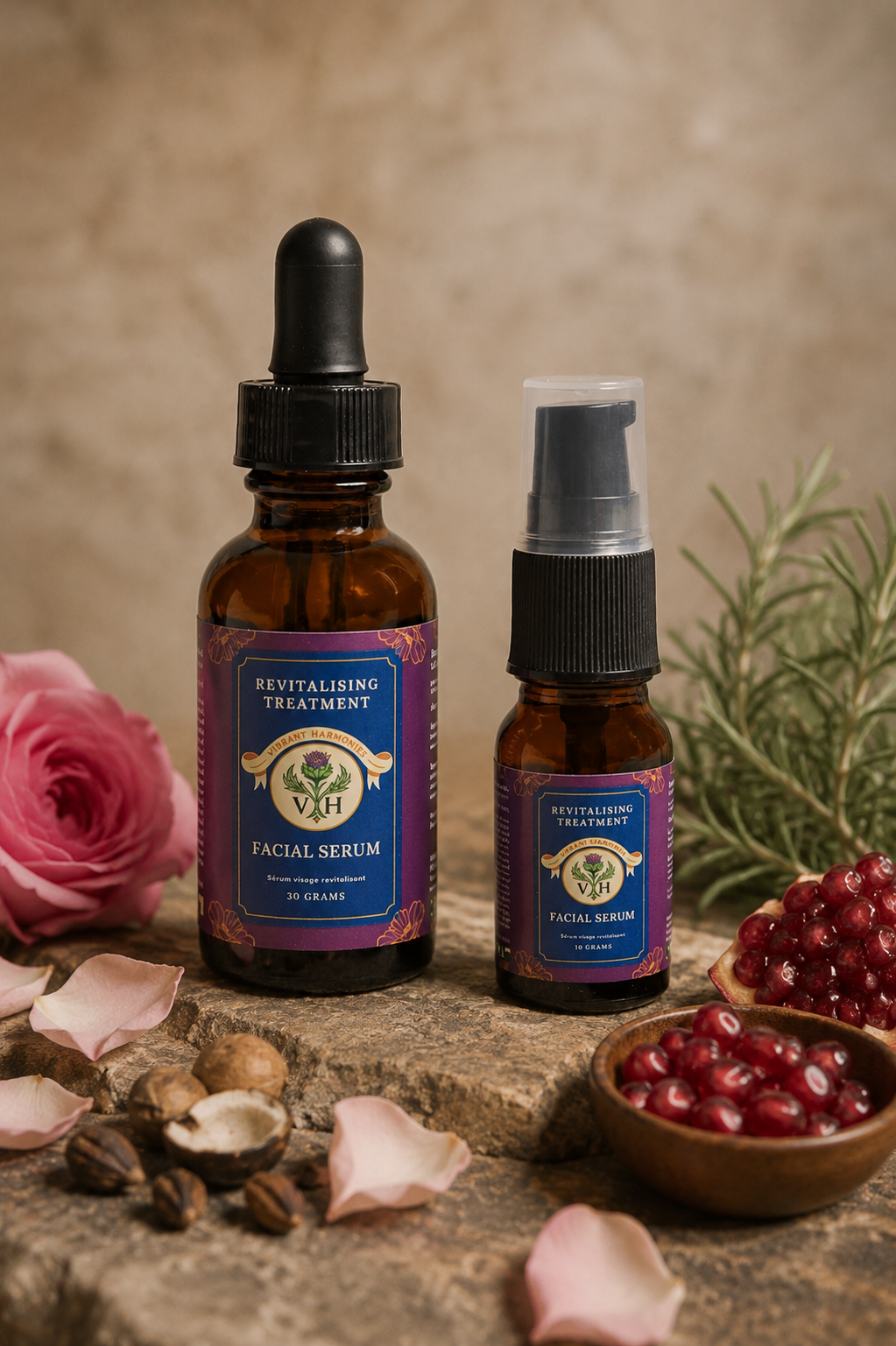 Two bottles of facial serum with purple labels, one larger and one smaller, surrounded by pink roses, rose petals, pomegranate seeds in a wooden bowl, and greenery on a rustic wooden surface.
