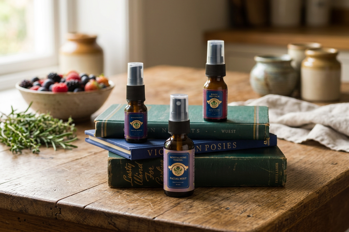 Three small spray bottles placed on a stack of three hardcover books on a wooden table, with a bowl of mixed berries, a sprig of rosemary, and ceramic jars in the background.