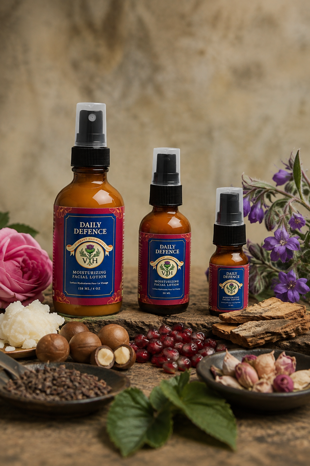 Three bottles of Daily Defence moisturizing facial lotion on a rustic wooden surface, surrounded by pink and purple flowers, nuts, pomegranate seeds, dried herbs, and bark.