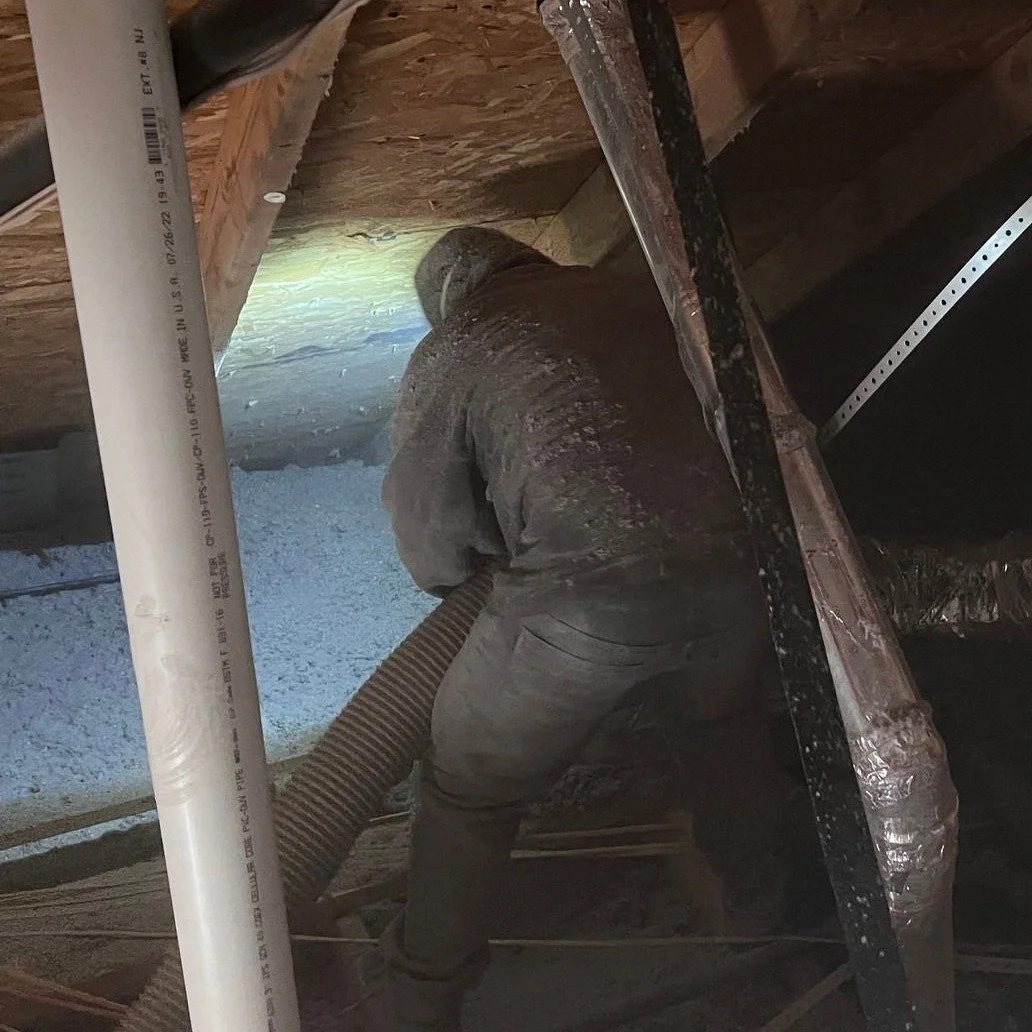 When most homeowners think of insulation, they think of fiberglass insulation. But, did you know there are other options to insulate your attic with? Cellulose, like what is being installing in this picture, is a great insulation product that is esse