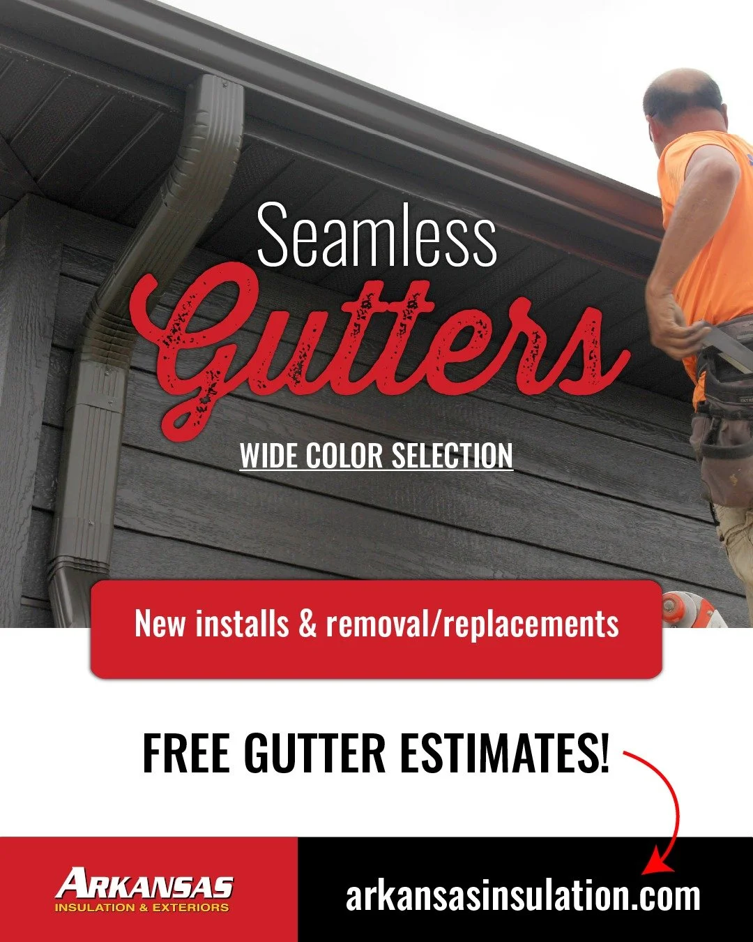 💧 Tired of leaky, clogged, or outdated gutters?

At Arkansas Insulation, we offer seamless gutter installation with a wide range of color options to match your home. Whether it&rsquo;s new construction or a full replacement, our team gets it done ri