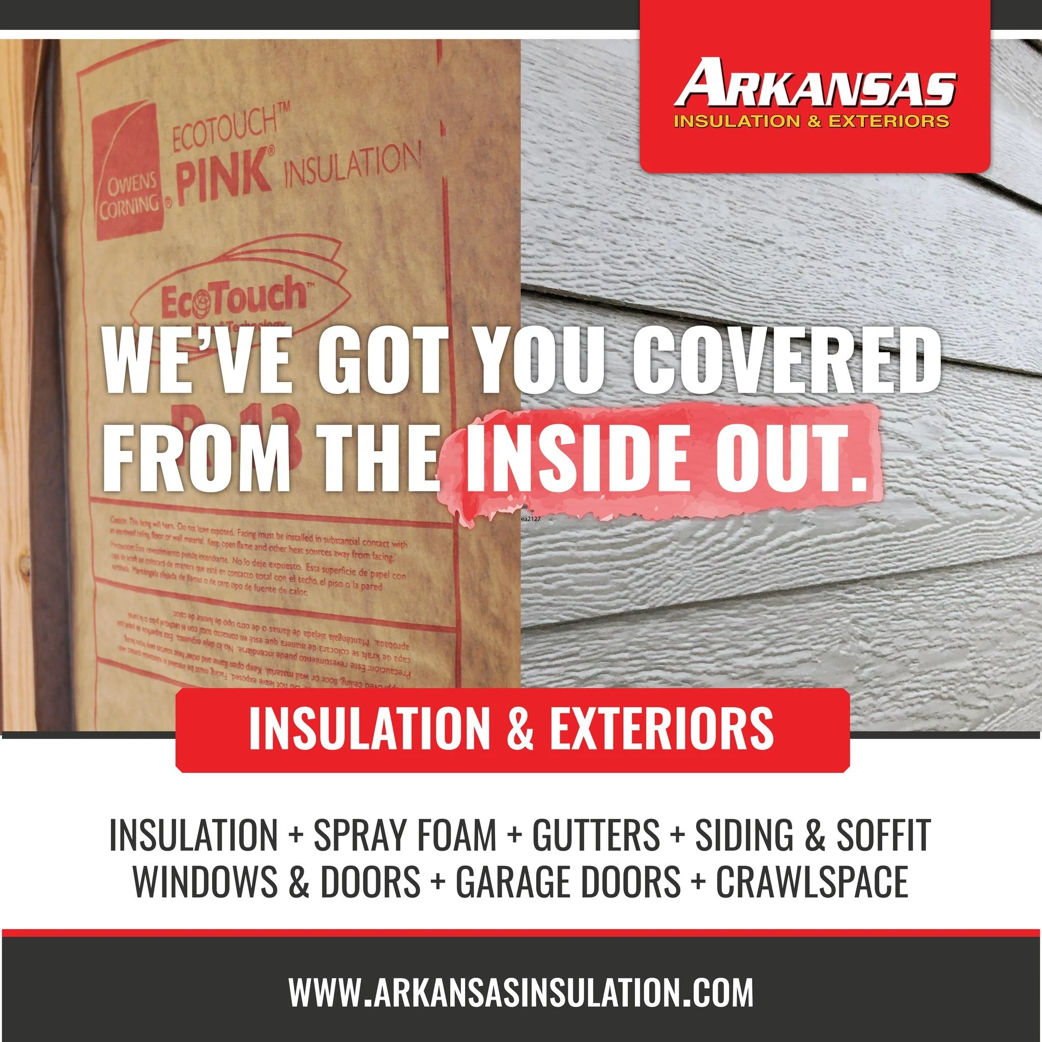 🏡✨ Transform your home from the inside out. Arkansas Insulation delivers top‑tier fiberglass, cellulose, and spray foam insulation to keep you comfortable year‑round &mdash; and we level up your curb appeal with premium siding, soffit &amp; fascia, 