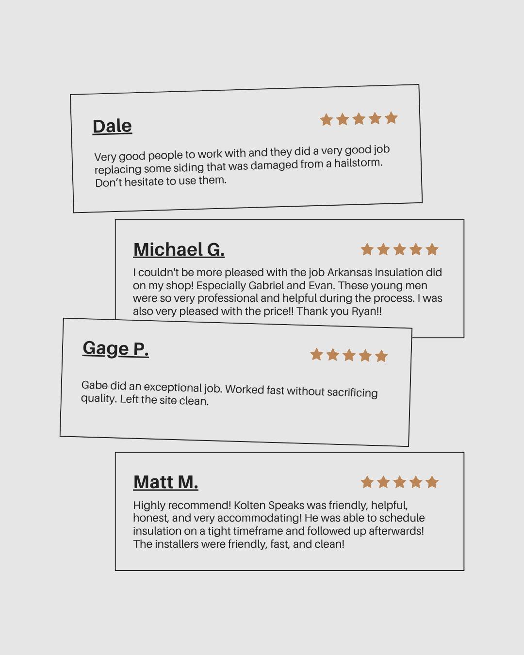 There&rsquo;s nothing better than hearing from homeowners and builders who are happy with the work we&rsquo;ve done for them.

A huge THANK YOU to our customers for taking the time to share their experience with Arkansas Insulation! We truly apprecia