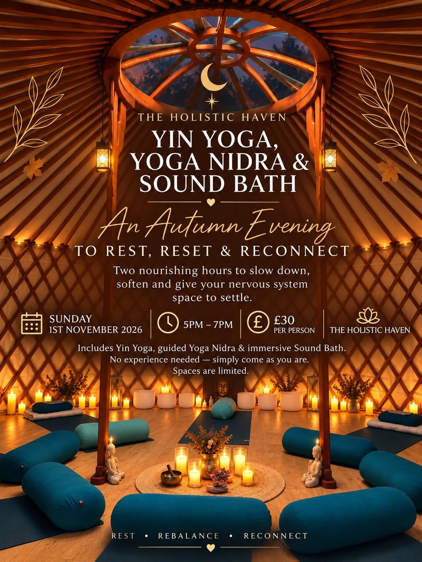 🍂 An Autumn Evening to Rest, Reset &amp; Reconnect 🍂

As the evenings draw in, give yourself permission to slow down.

Join me in the candlelit warmth of The Holistic Haven for two nourishing hours of Yin Yoga, Yoga Nidra &amp; an immersive Sound B