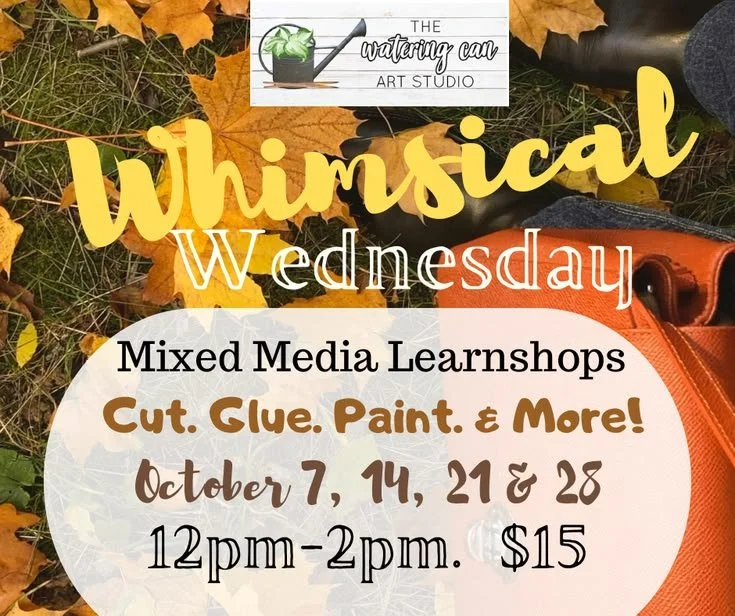 Image shows the words Whimsical Wednesday against a background of fall leaves.