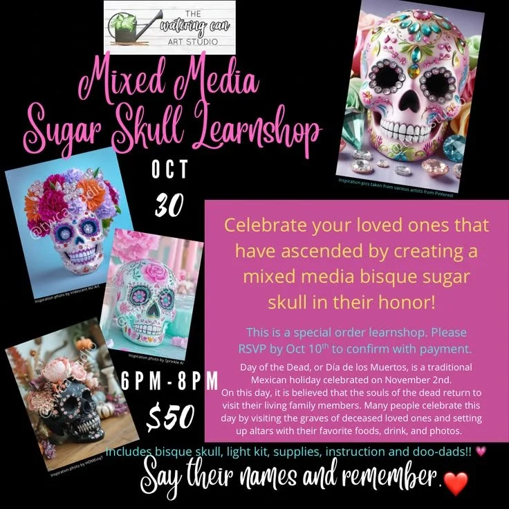 Image shows a variety of colorful painted sugar skulls.