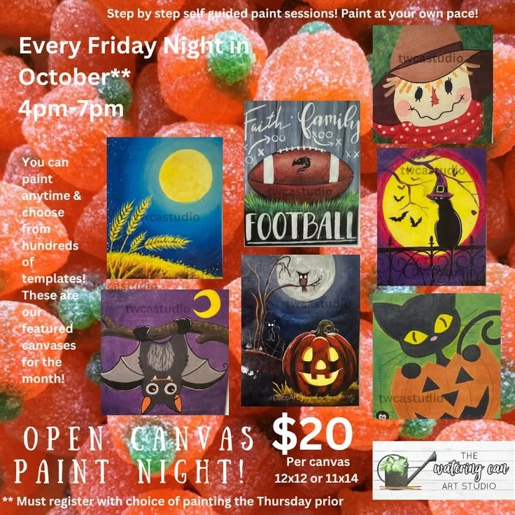 Image shows a background of candy pumpkins with information about the studio's open canvas paint night.