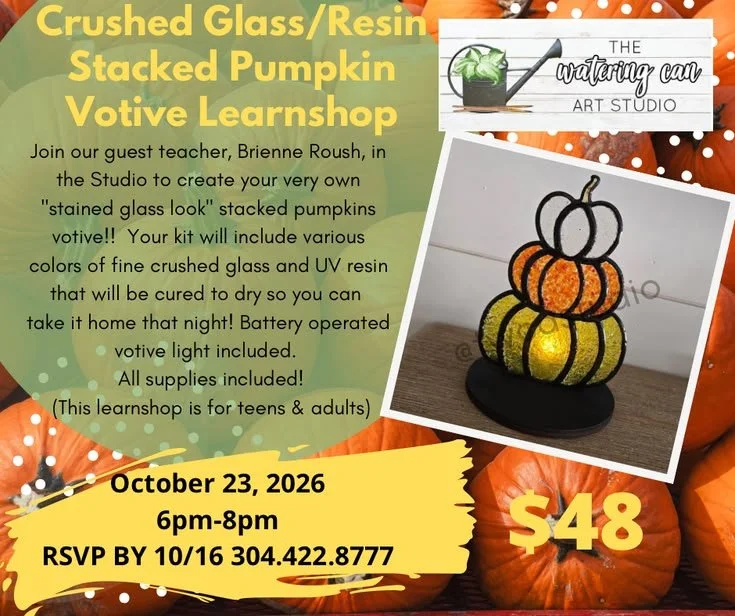 Image shows a stacked pumpkin votive in yellow, orange, and clear, against a backdrop of real fall pumpkins.