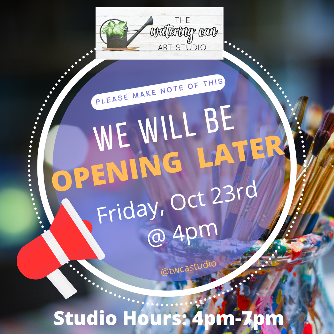 Graphic features a megaphone with the words "We Will Be Opening Later Friday October 23 @ 4 pm.