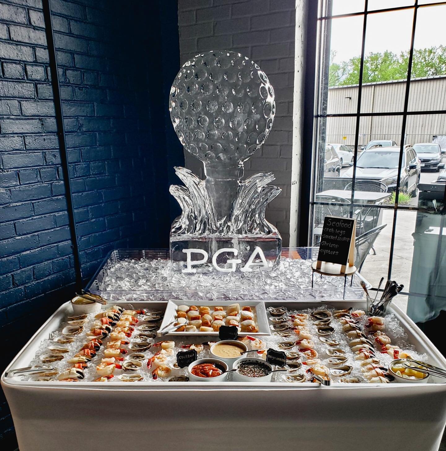 We are closed this week due to private events for the @pgachampionship in Rochester, NY!

Here is the ice sculpture and seafood display we had last night. 🍤🦞