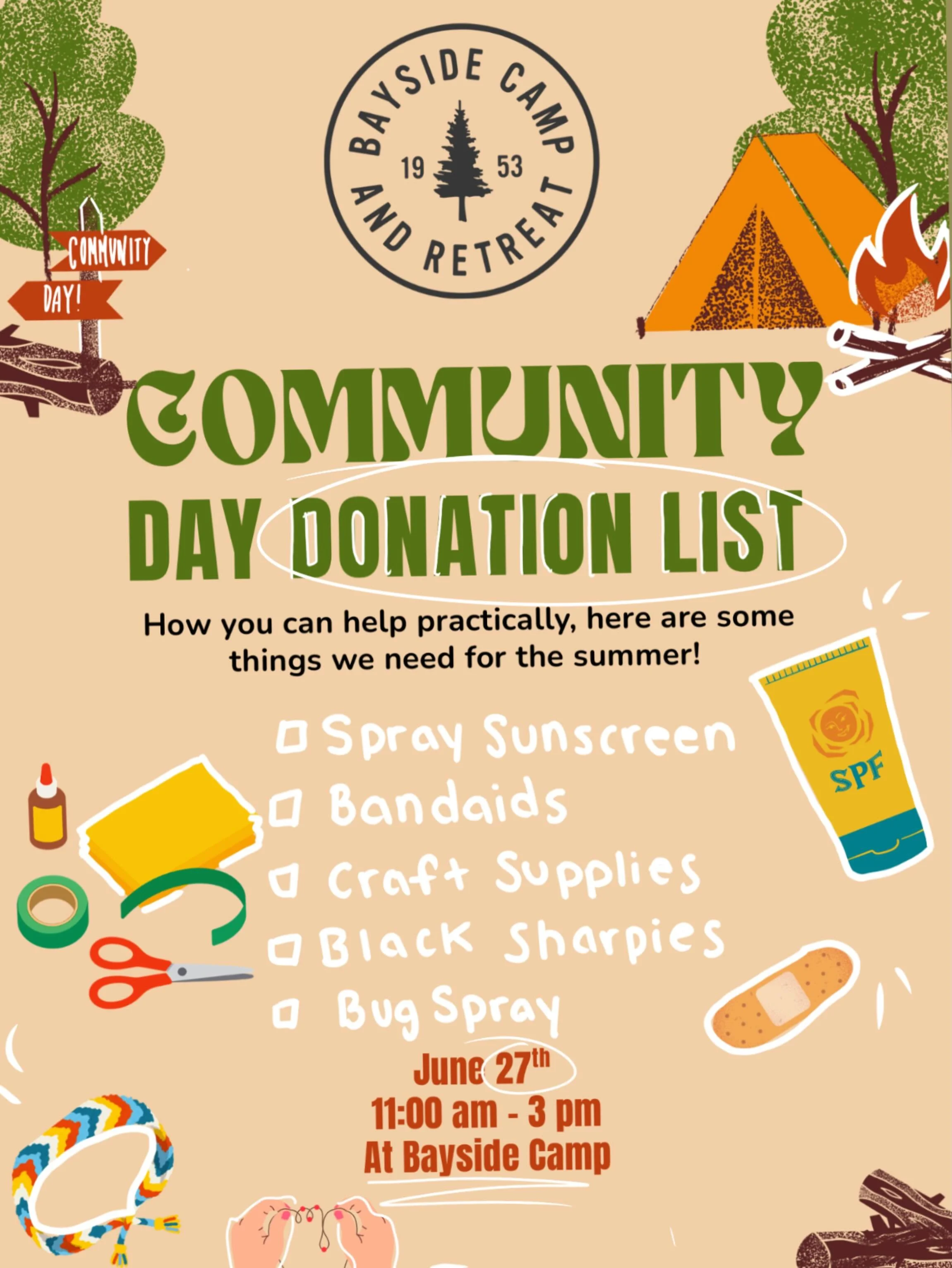This community day we are taking donations for the summer! Here&rsquo;s how you can help practically - below are some things we need! Thanks in advance to all those donating practically or financially! 
- Spray sunscreen 
- Bandaids 
- Craft supplies