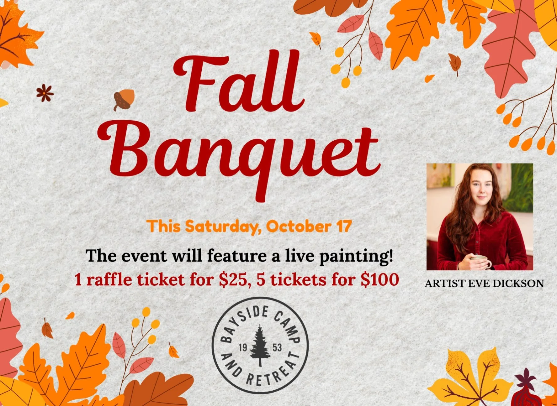 We&rsquo;re decorating and setting up this week for our annual Fall Banquet fundraiser! It will be held this Saturday, October 17th with the reception beginning at 5:30pm. If you have yet to purchase a ticket, please see our website. 

We also have a