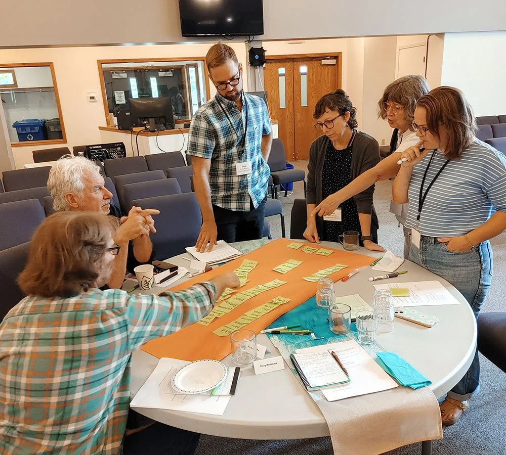 a group from Many Rooms Church Community categorizes the work of their congregants at a workshop hosted by Fort Garry EMC.