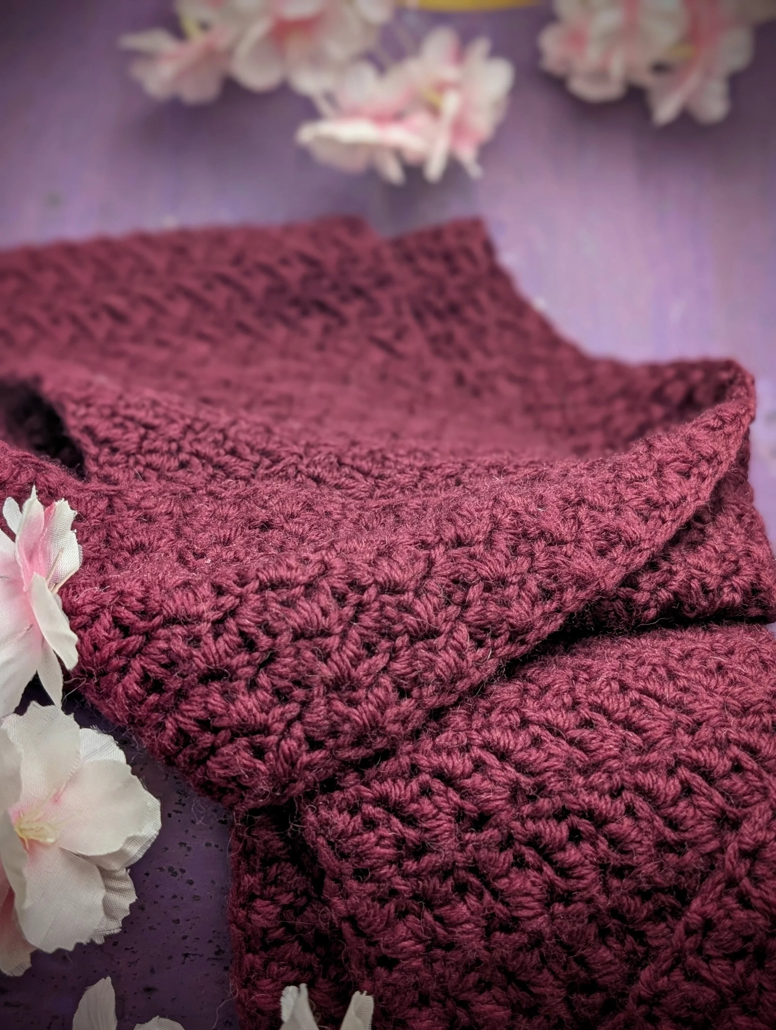 Crocheted Burgundy Merino Wool Scarf