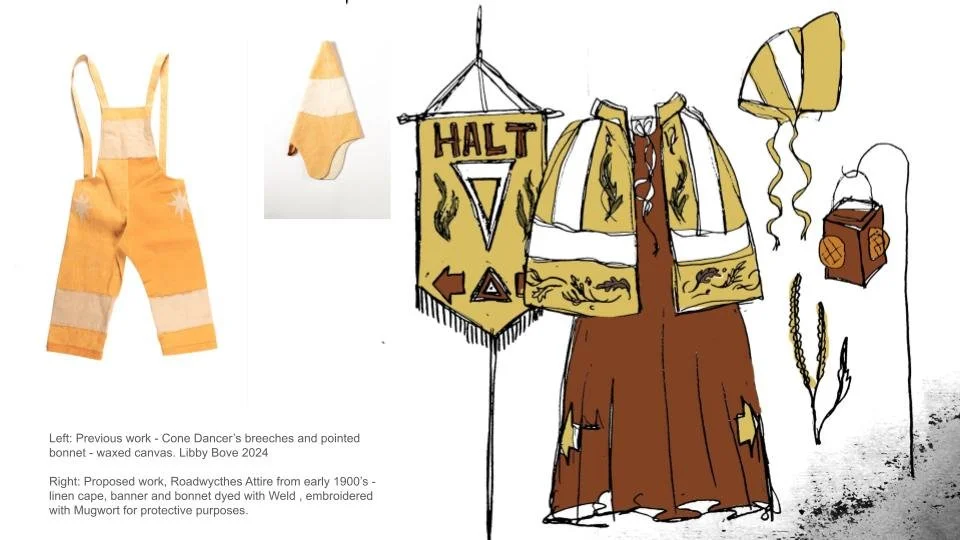 left - exsisting work - cone dancers breeches , to be included . 
Right - new preposed works - Roadwytches attire through the ages
