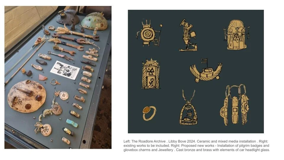 Left - example of previous mixed media archival display - some works to be inclued .
Right - preposed bronze cast pilgrim charms