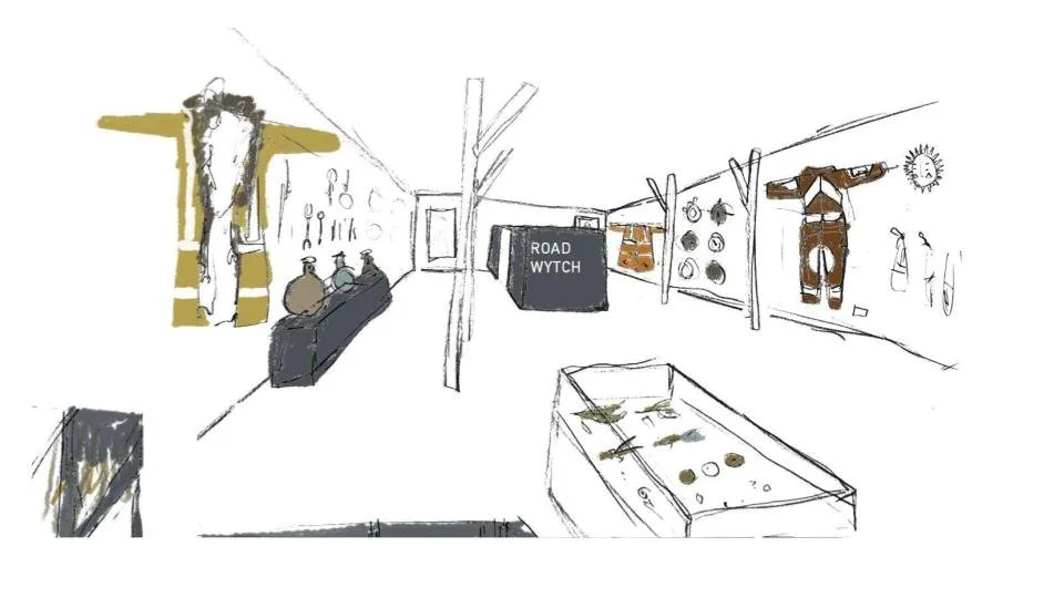 Sketch of Gallery Layout with viewing chamber to show moving image work towards the back 