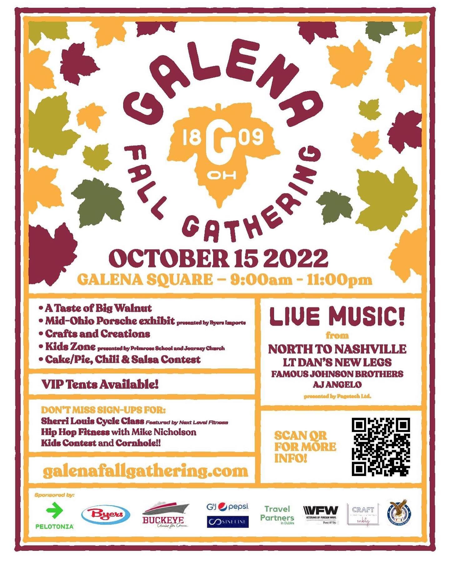 🍂55 DAYS UNTIL THE GALENA FALL GATHERING 🍂

We still have opportunities to participate!

Sign up for:
 🍂Be A Sponsor
 🥄Cooking Contest
 🚲Workout Sessions
👜 Vendors
 💰Cornhole

To learn more about everything the festival has to offer visit our 