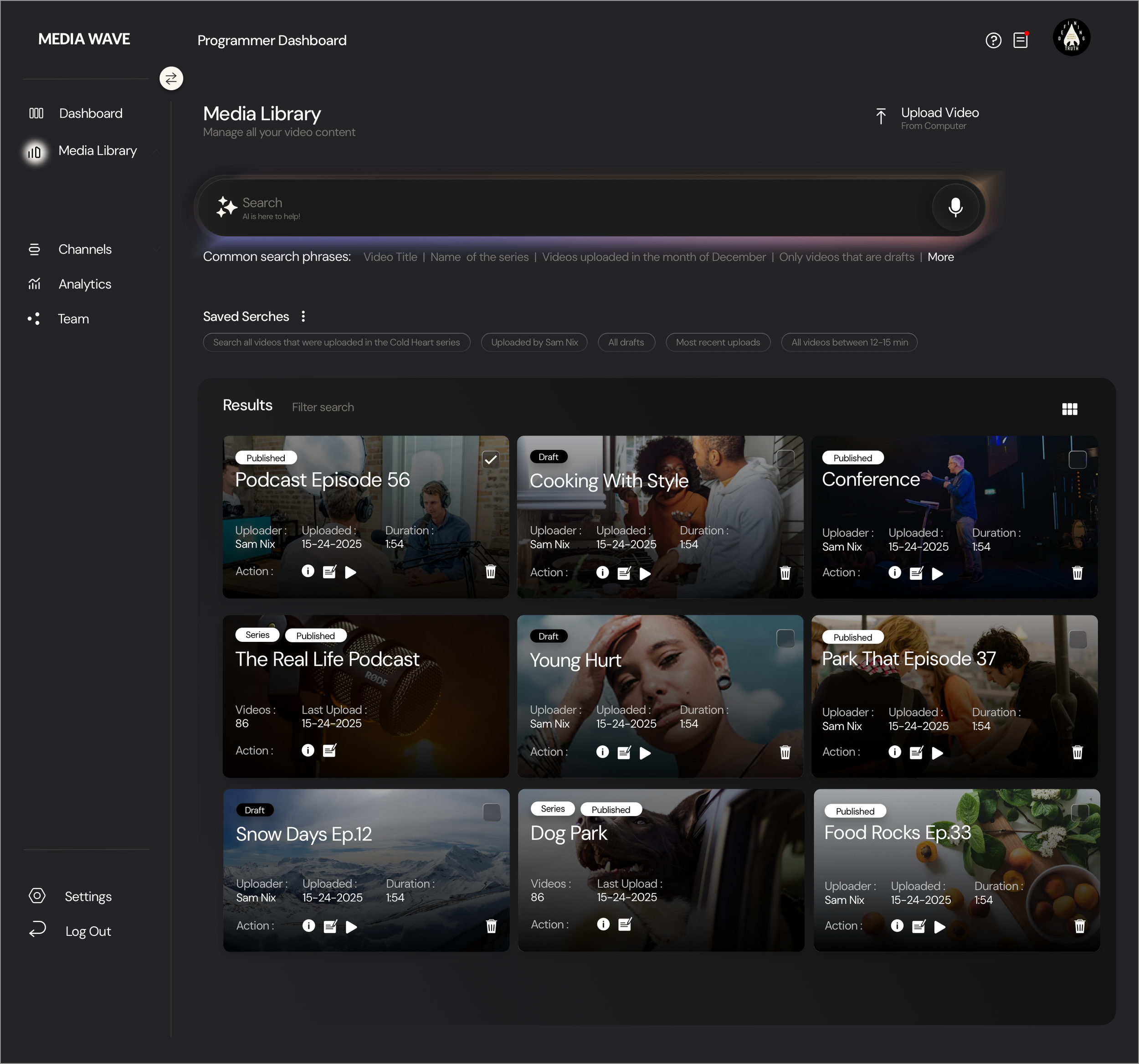 Screenshot of a media library section within a program dashboard called Media Wave. The interface has a dark theme with a side menu on the left including options like Dashboard, Media Library, Channels, Analytics, and Team. The main area displays media content such as podcasts, cooking shows, conferences, and podcasts episodes with details like uploader, upload date, and duration. There are options to upload, play, or delete videos.