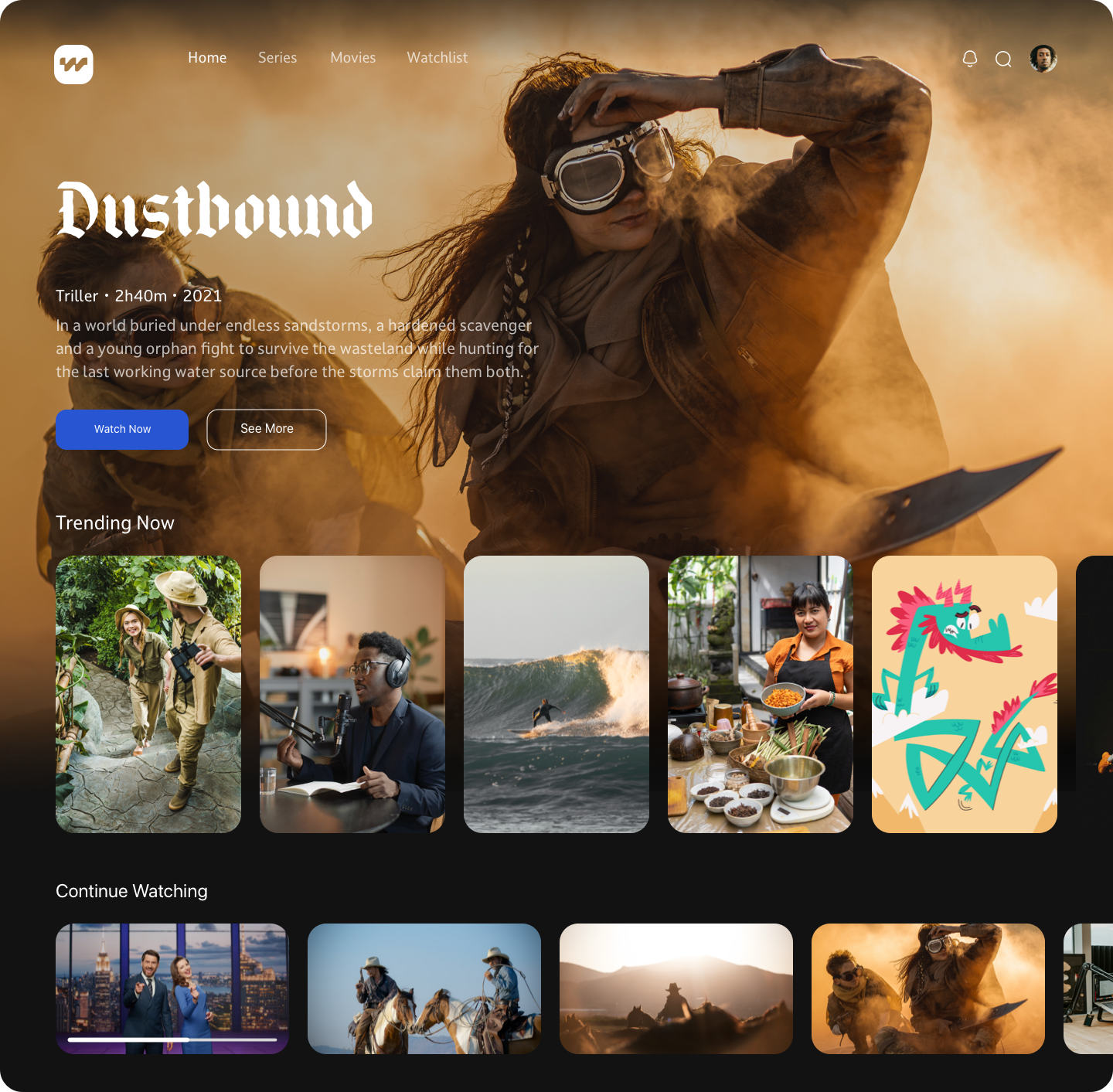 Streaming platform homepage with a large hero image of a woman wearing goggles and a brown jacket, surrounded by an orange, smoky background. Below are thumbnails of various trending videos, including a girl and woman outdoor, a person with headphones at a desk, a surfer, a woman in a kitchen, and a colorful animated dragon.