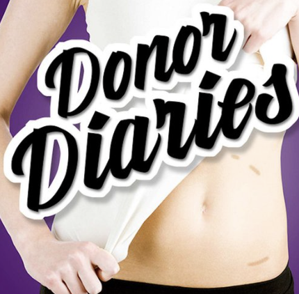 Close-up of a person lifting their shirt to reveal a stomach with stretch marks. Superimposed text says 'Donor Diaries' in bold black and white letters.