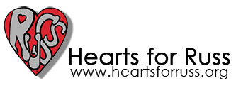 Logo with red and grey heart-shaped logo that reads 'RUSS' with Hearts for Russ and www.heartsforruss.org to the right.