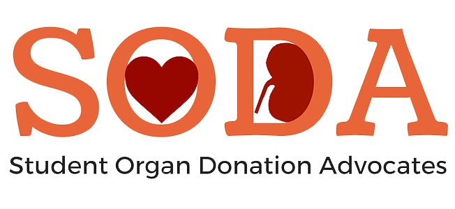 Logo for Student Organ Donation Advocates (SODA) with the word SODA and a heart inside the letter O, and a kidney inside the letter D.