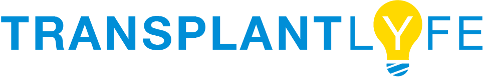 Logo for Transplant Lyfe with the word 'TRANSPLANT' in blue, 'Y' inside a yellow lightbulb icon, and 'LIFE' in blue.