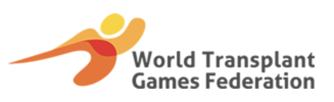 Logo of the World Transplant Games Federation with an abstract figure in orange and yellow, and the organization name.
