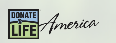 Donate Life America logo with black, blue, green, and white colors and cursive script.