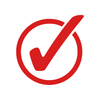 Red check mark inside a circle.
