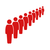 A line of nine red human icons standing in a diagonal line, facing forward, on a white background.