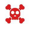A red skull with crossbones made of bones.