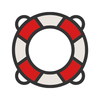 Illustration of a life preserver with red and white sections and four black loops.