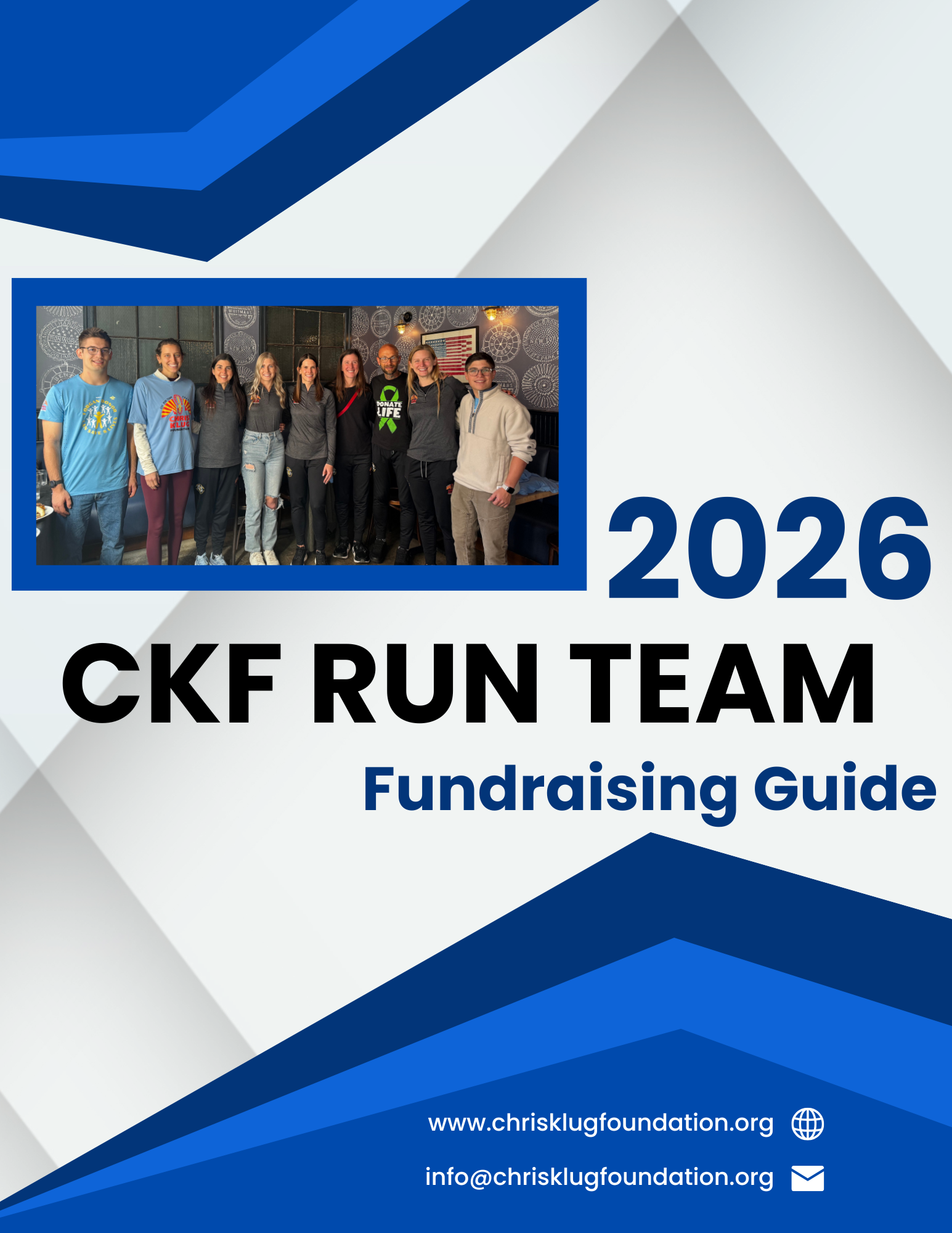 The cover page of a fundraising guide with blue designs and a team photo