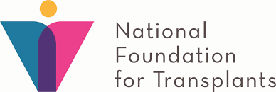 Logo for the National Foundation for Transplants, featuring abstract human figure forming a heart shape with pink and blue elements.