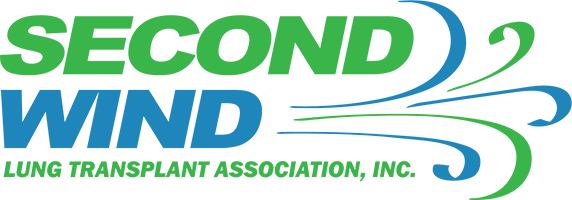Logo of Second Wind Lung Transplant Association, Inc. featuring green and blue text with stylized wind or airflow lines.